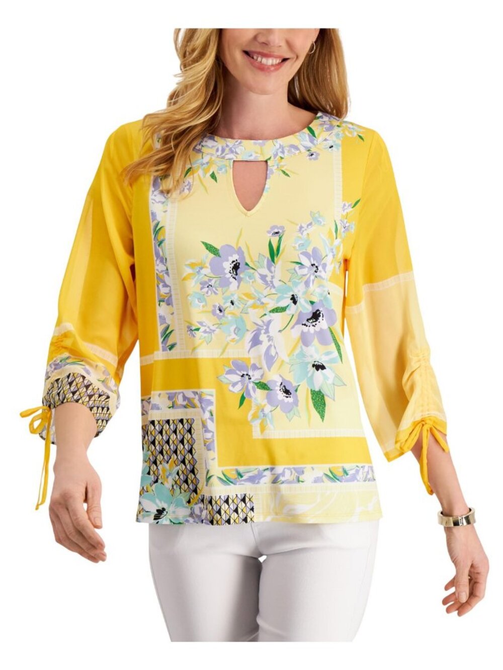 NWT JM Collection Printed Keyhole 3/4 Sleeve Top Lemon Yellow Ice Combo PS